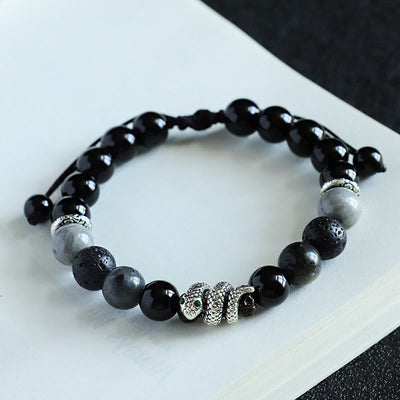 Foviel Black Onyx Schwarz Glitter Stein Weiß Achat Weiß Türkis Jahr der Schlange Schutz Armband