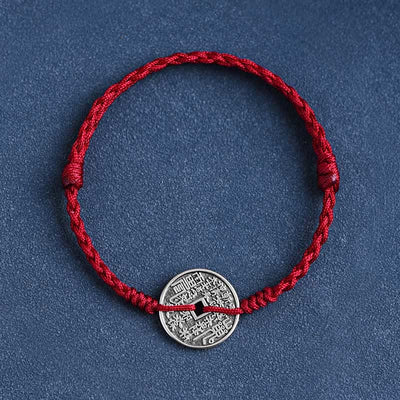Buddha Stones 925 Sterling Silver Coin Protection Braided Bracelet Anklet Bracelet Anklet BS Dark Red Rope Bracelet(Wrist Circumference 15-20cm)