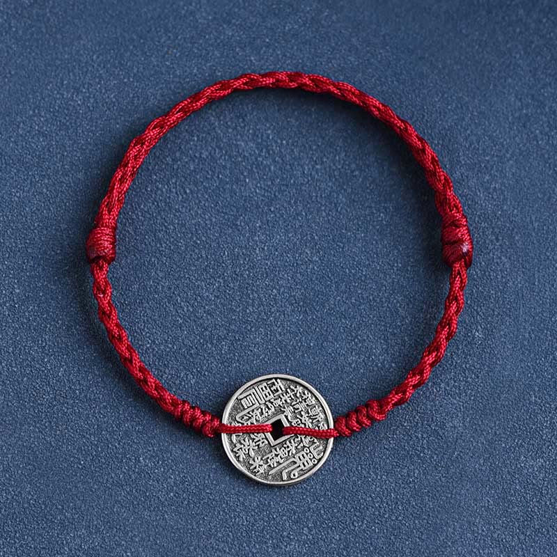 Buddha Stones 925 Sterling Silver Coin Protection Braided Bracelet Anklet Bracelet Anklet BS Dark Red Rope Bracelet(Wrist Circumference 15-20cm)