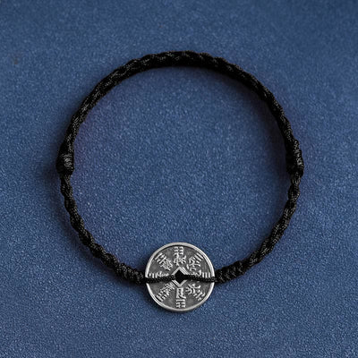 Buddha Stones 925 Sterling Silver Coin Protection Braided Bracelet Anklet Bracelet Anklet BS Black Rope Bracelet(Wrist Circumference 15-20cm)