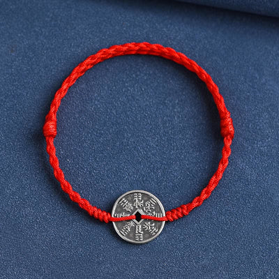 Buddha Stones 925 Sterling Silver Coin Protection Braided Bracelet Anklet Bracelet Anklet BS Red Rope Bracelet(Wrist Circumference 15-20cm)