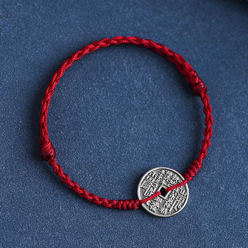 Buddha Stones 925 Sterling Silver Coin Protection Braided Bracelet Anklet Bracelet Anklet BS Dark Red Rope Anklet(Circumference 18-30cm)