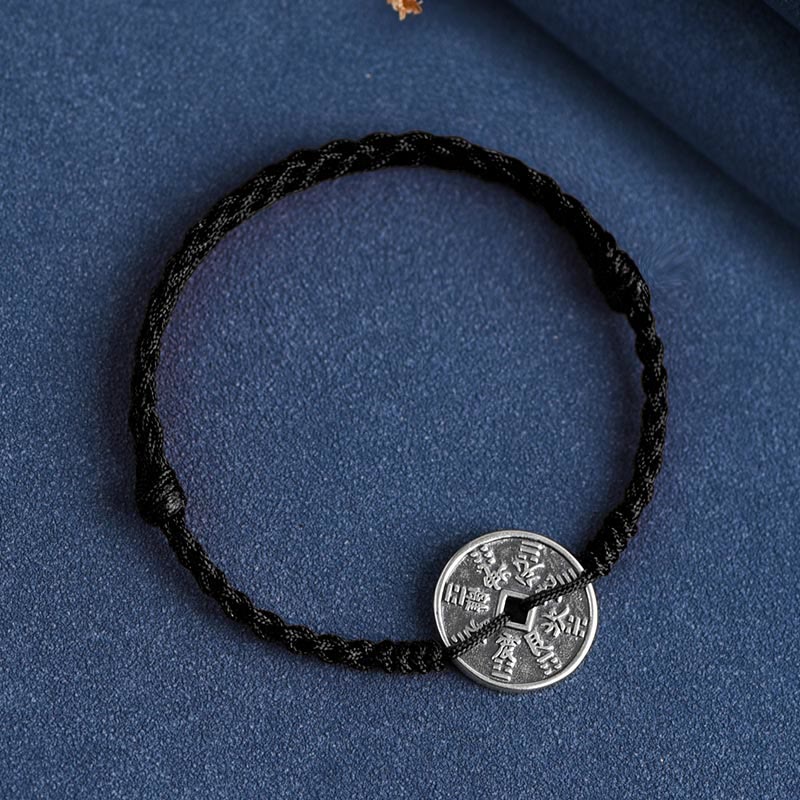 Buddha Stones 925 Sterling Silver Coin Protection Braided Bracelet Anklet Bracelet Anklet BS Black Rope Anklet(Circumference 18-30cm)