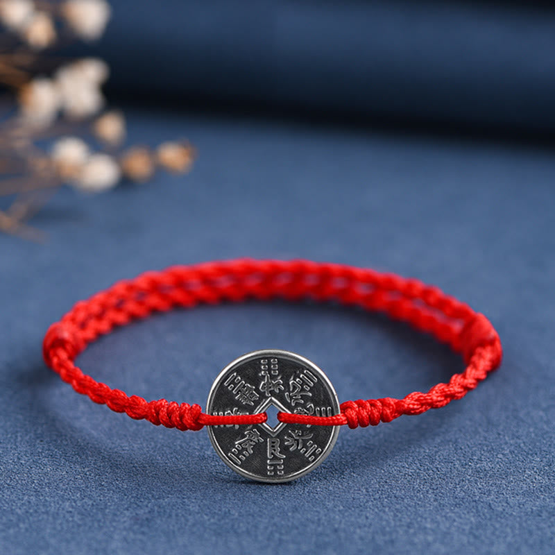 Buddha Stones 925 Sterling Silver Coin Protection Braided Bracelet Anklet Bracelet Anklet BS 11