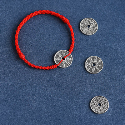 Buddha Stones 925 Sterling Silver Coin Protection Braided Bracelet Anklet Bracelet Anklet BS 13