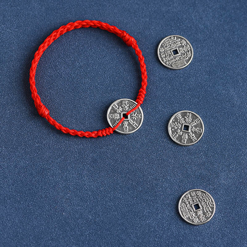 Buddha Stones 925 Sterling Silver Coin Protection Braided Bracelet Anklet Bracelet Anklet BS 13
