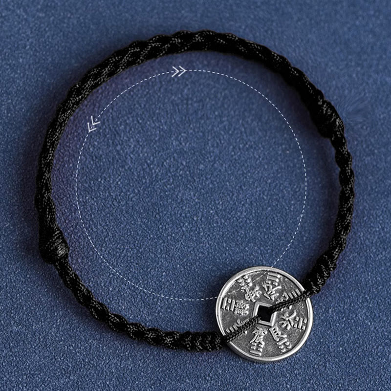 Buddha Stones 925 Sterling Silver Coin Protection Braided Bracelet Anklet Bracelet Anklet BS 17