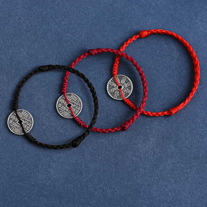 Buddha Stones 925 Sterling Silver Coin Protection Braided Bracelet Anklet Bracelet Anklet BS 18