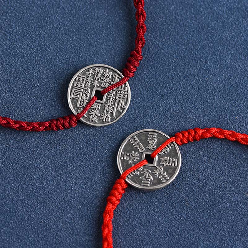 Buddha Stones 925 Sterling Silver Coin Protection Braided Bracelet Anklet Bracelet Anklet BS 3