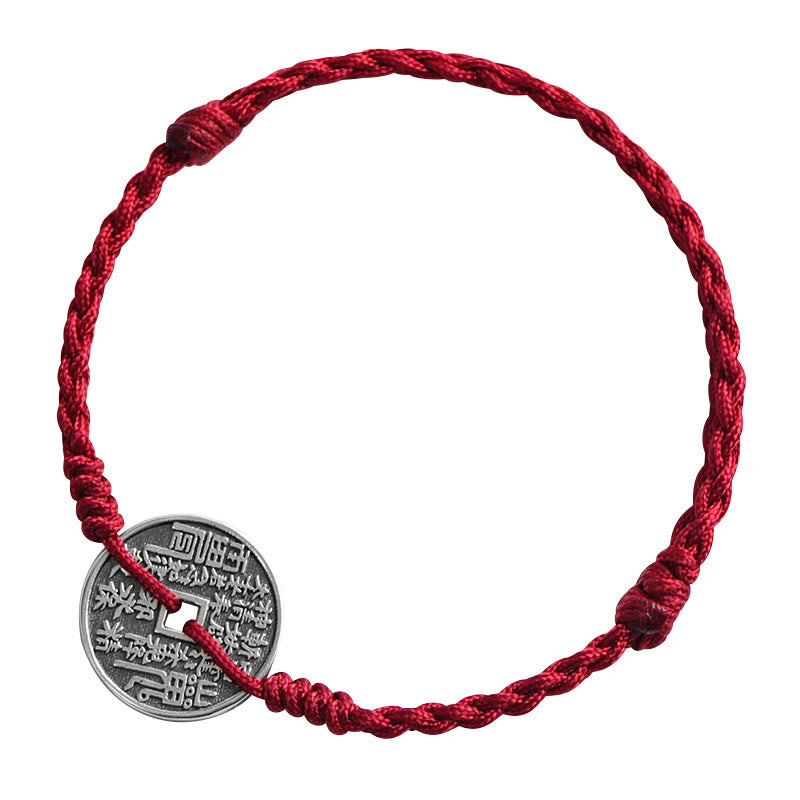 Buddha Stones 925 Sterling Silver Coin Protection Braided Bracelet Anklet Bracelet Anklet BS 4