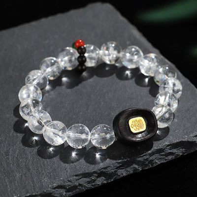 Buddha Stones White Crystal Ebony Wood Sak Yant Zashi Lhamo Healing Bracelet Bracelet BS White Crystal Ebony Wood Sak Yant(Wrist Circumference: 14-16cm)