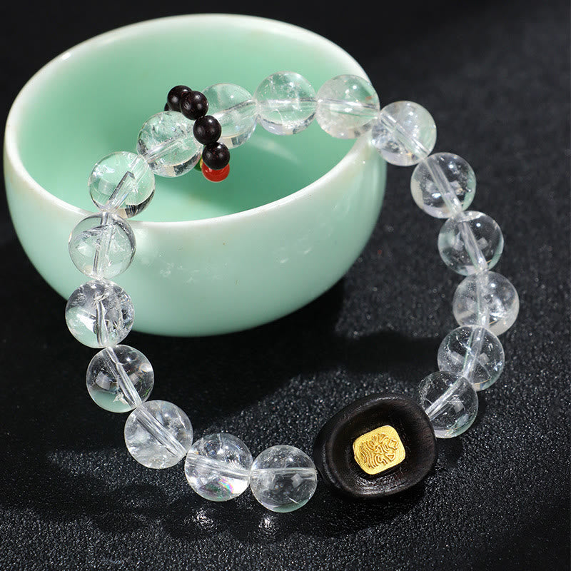 Buddha Stones White Crystal Ebony Wood Sak Yant Zashi Lhamo Healing Bracelet Bracelet BS 4