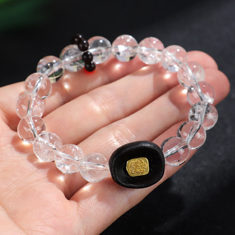 Buddha Stones White Crystal Ebony Wood Sak Yant Zashi Lhamo Healing Bracelet Bracelet BS 9