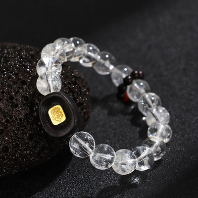 Buddha Stones White Crystal Ebony Wood Sak Yant Zashi Lhamo Healing Bracelet Bracelet BS 3