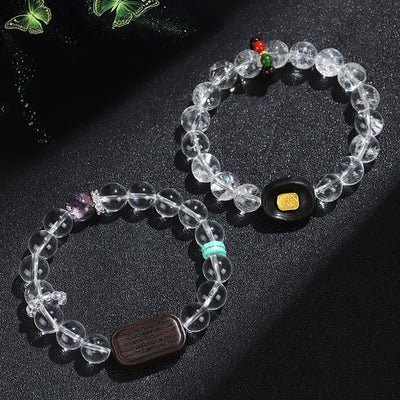Buddha Stones White Crystal Ebony Wood Sak Yant Zashi Lhamo Healing Bracelet Bracelet BS 1