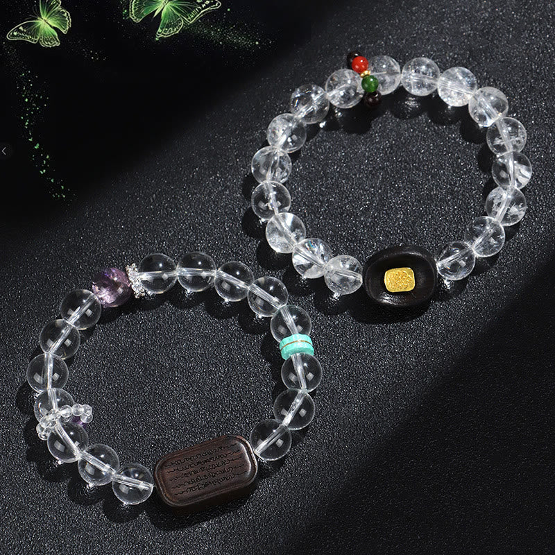 Buddha Stones White Crystal Ebony Wood Sak Yant Zashi Lhamo Healing Bracelet Bracelet BS 1