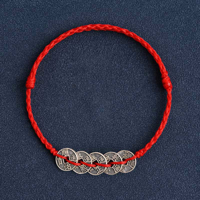 Buddha Stones 925 Sterling Silver Five Emperor Coins Red String Protection Luck Braided Bracelet Anklet Bracelet Anklet BS Red String Five Emperor Coins Anklet(Circumference 17-30cm)