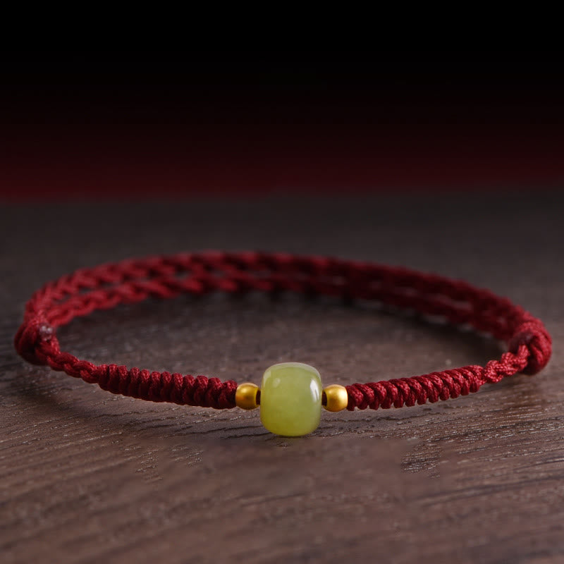 Foviel Natural Hetian Jade 999 Gold Beads Protection Luck Braided Bracelet Anklet
