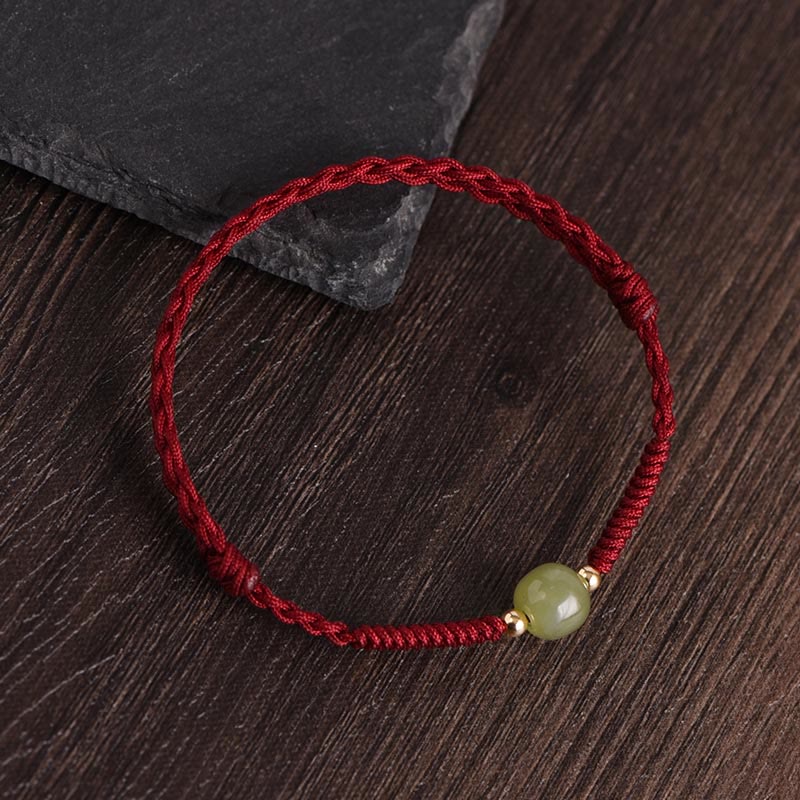 Foviel Natural Hetian Jade 999 Gold Beads Protection Luck Braided Bracelet Anklet