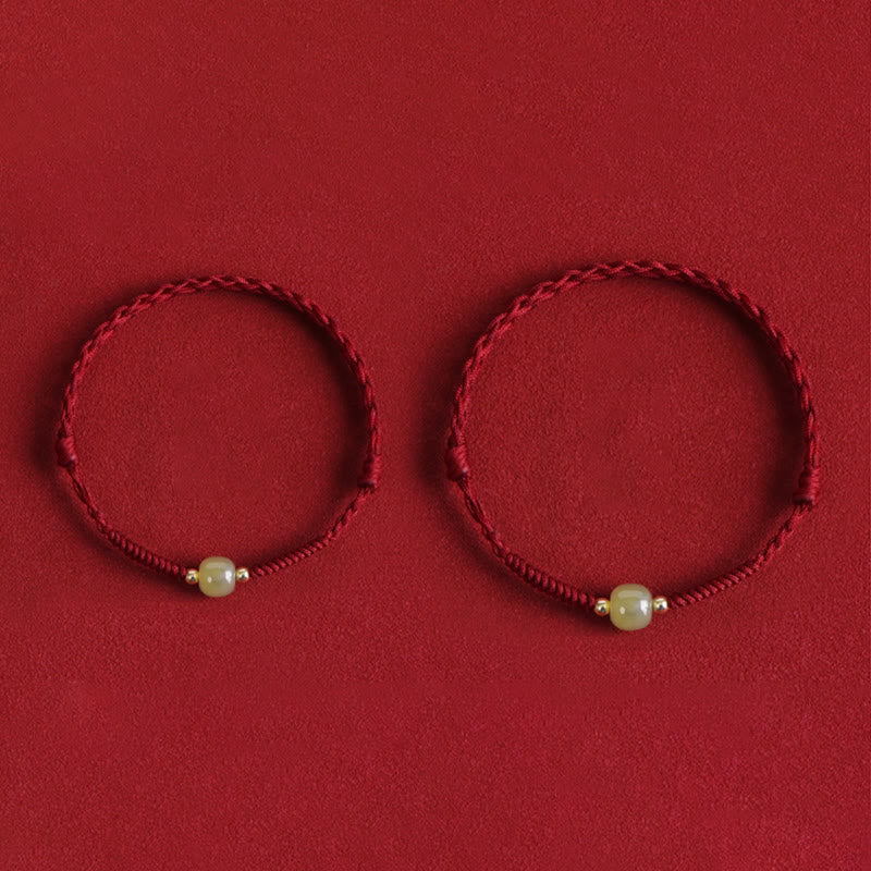 Foviel Natural Hetian Jade 999 Gold Beads Protection Luck Braided Bracelet Anklet