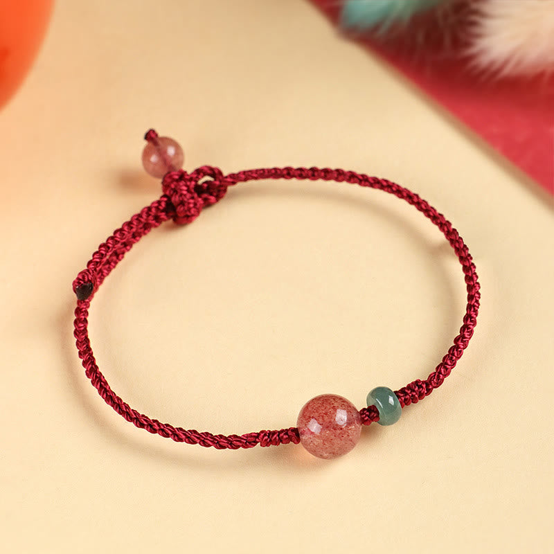Bracelet porte-bonheur Foviel en quartz fraise naturel, jade, agate blanche et cordon rouge