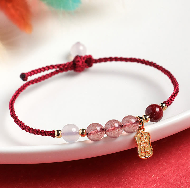 Foviel Natürliche Erdbeerquarz Jade Weiß Achat Roter String Positives Armband