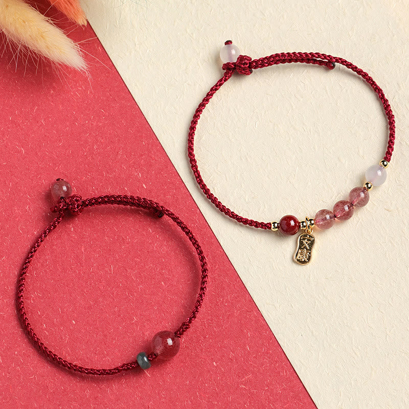 Bracelet porte-bonheur Foviel en quartz fraise naturel, jade, agate blanche et cordon rouge
