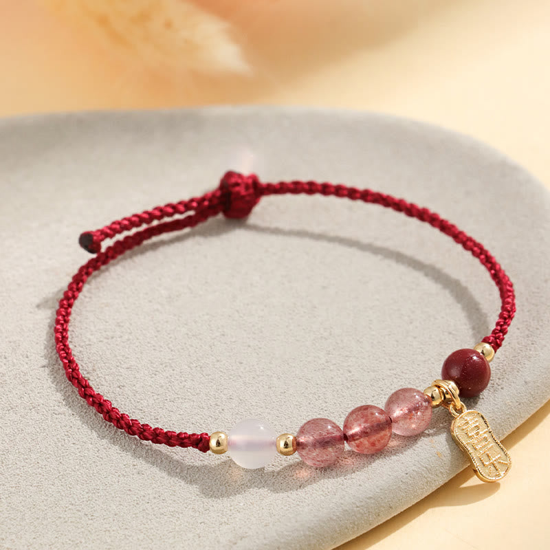 Foviel Natürliche Erdbeerquarz Jade Weiß Achat Roter String Positives Armband