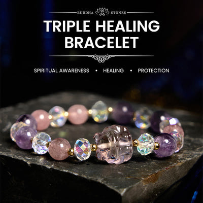 Foviel Amethyst Strawberry Quartz White Crystal Nine Tailed Fox Meditation Bracelet