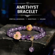 Bracelet de méditation porte-bonheur Foviel en améthyste et fleurs de pêcher