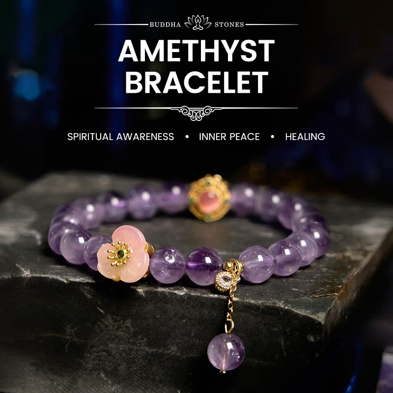 Bracelet de méditation porte-bonheur Foviel en améthyste et fleurs de pêcher