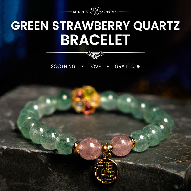 Bracelet Foviel en quartz fraise vert naturel apaisant avec motif Fu