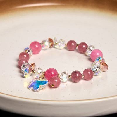 Bracelet amour papillon en quartz fraise, cristal blanc et cristal rose Foviel