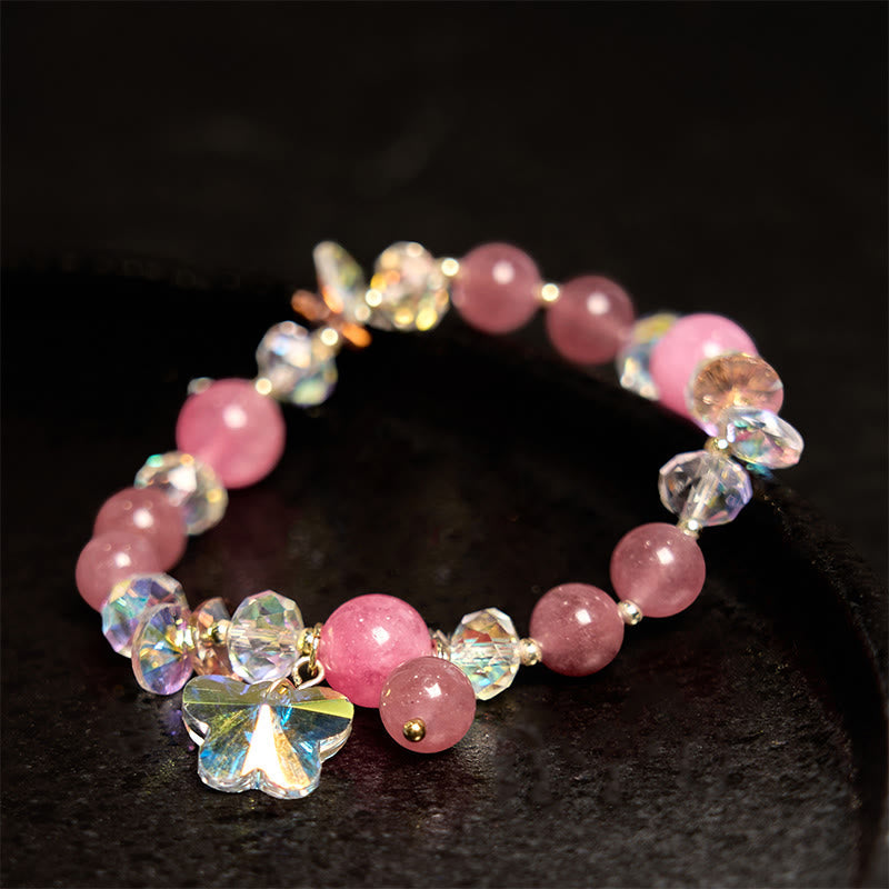 Bracelet amour papillon en quartz fraise, cristal blanc et cristal rose Foviel