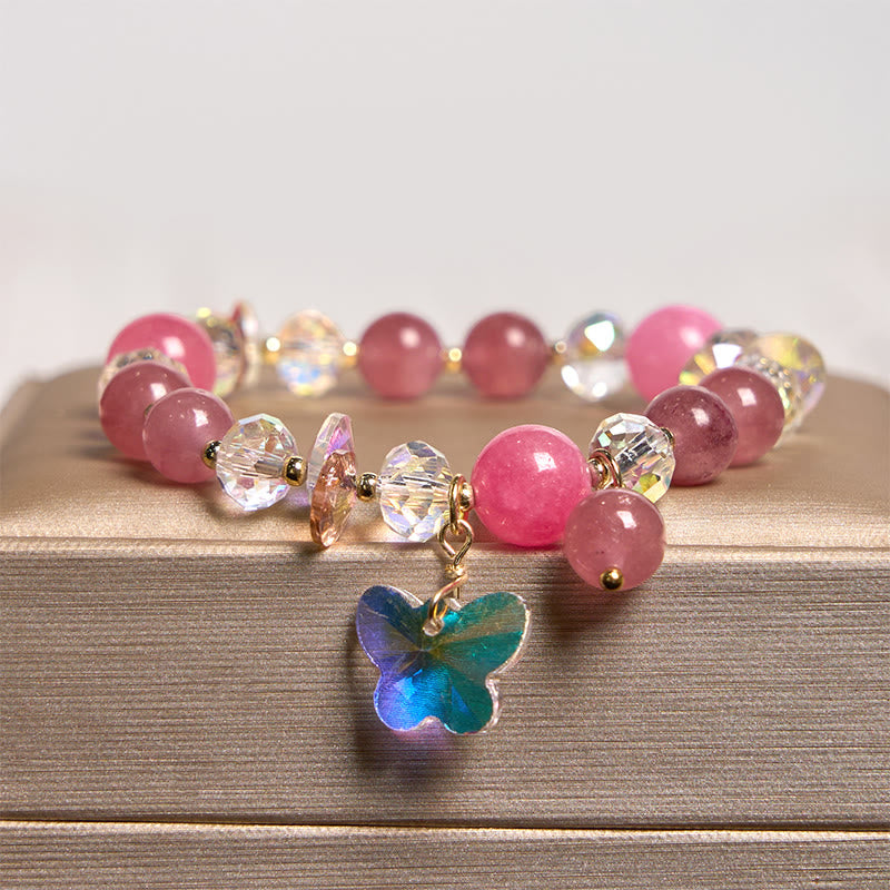Bracelet amour papillon en quartz fraise, cristal blanc et cristal rose Foviel