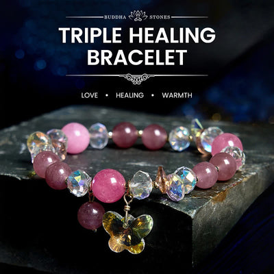 Bracelet amour papillon en quartz fraise, cristal blanc et cristal rose Foviel