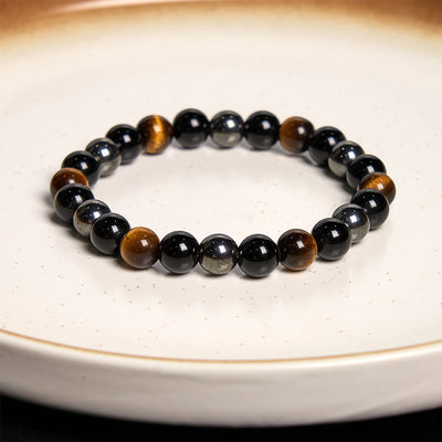Bracelet Foviel puissant et positif en œil de tigre, obsidienne et hématite