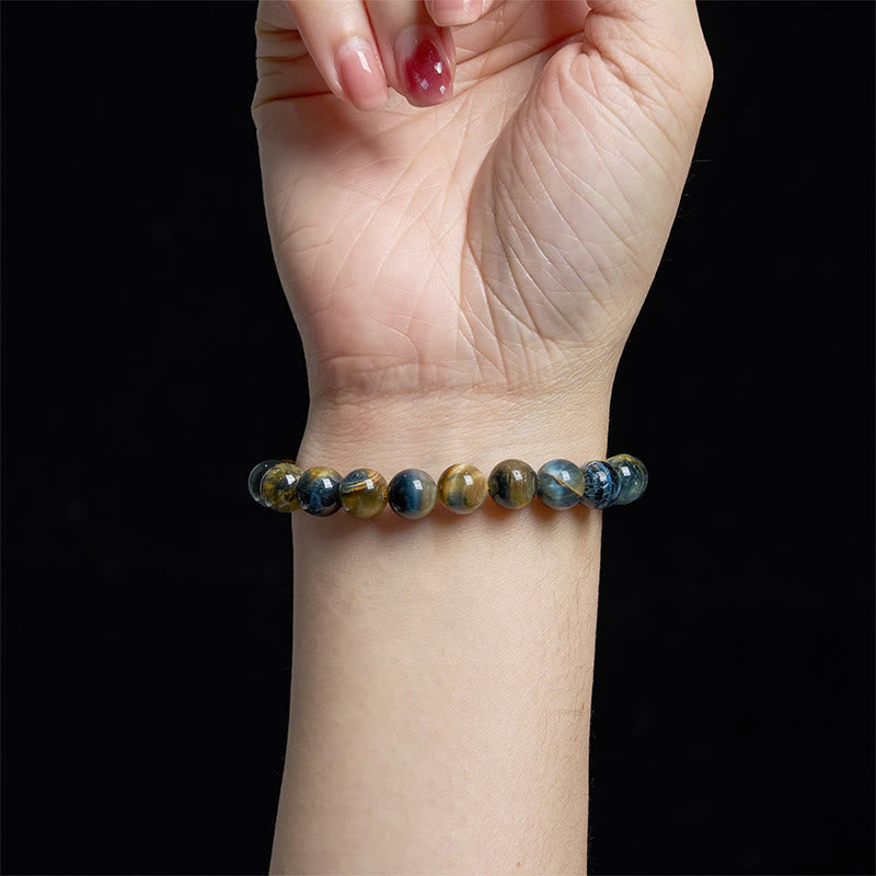 Bracelet de courage en œil de tigre jaune et bleu Foviel
