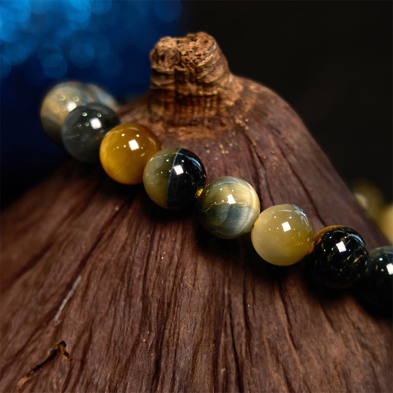 Bracelet de courage en œil de tigre jaune et bleu Foviel