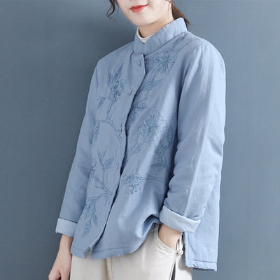 Buddha Stones Retro Flower Design Thermal Long Sleeve Cotton Linen Women's Shirt - image 2