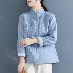 Buddha Stones Retro Flower Design Thermal Long Sleeve Cotton Linen Women's Shirt - LightSkyBlue - US8-10，UK/AU12-14，EU40-42 (2XL) - image 0