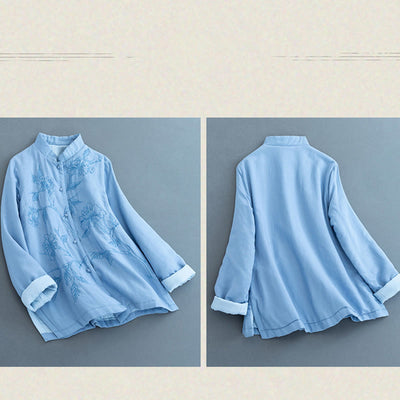 Buddha Stones Retro Flower Design Thermal Long Sleeve Cotton Linen Women's Shirt - image 5