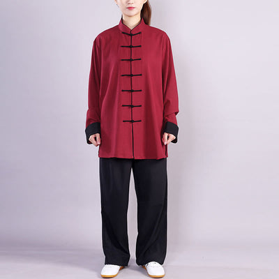 Buddha Stones 2Pcs Fall Winter Frog-Button Tai Chi Meditation Qigong Zen Practice Unisex Cotton Linen Clothing Set - image 5