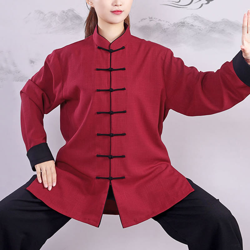 Buddha Stones 2Pcs Fall Winter Frog-Button Tai Chi Meditation Qigong Zen Practice Unisex Cotton Linen Clothing Set - image 2