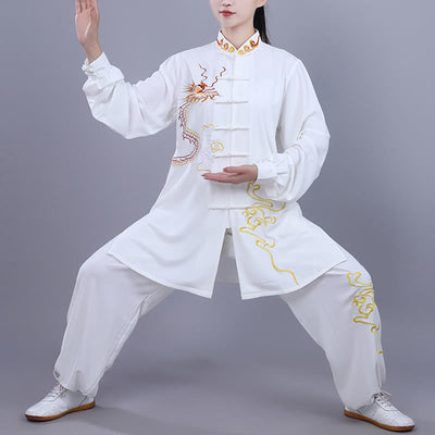 Buddha Stones 2Pcs Fall Embroidery Dragon Frog-Button Tai Chi Meditation Qigong Zen Practice Unisex Cotton Clothing Set - White - 3XL-FIT FOR US/UK/AU/EU-XL - image 8