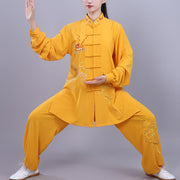Foviel Ensemble de vêtements unisexe en coton pour tai-chi, méditation, qigong et pratique zen, avec broderie dragon et boutons brandebourgs, 2 pièces, automne