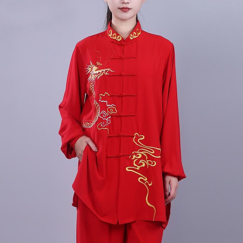 Buddha Stones 2Pcs Fall Embroidery Dragon Frog-Button Tai Chi Meditation Qigong Zen Practice Unisex Cotton Clothing Set - image 17