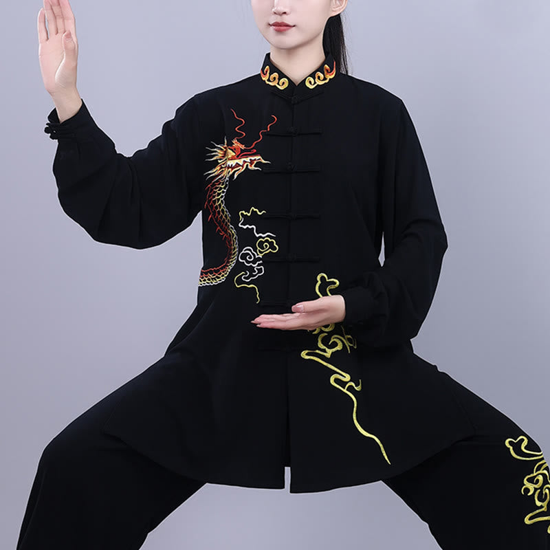 Buddha Stones 2Pcs Fall Embroidery Dragon Frog-Button Tai Chi Meditation Qigong Zen Practice Unisex Cotton Clothing Set - image 3
