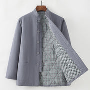 Foviel Winter Men's Frog-Button Tang Suit Linen Cotton Fleece Lined Jacket Shirt With Pockets