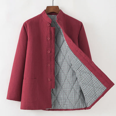 Buddha Stones Winter Men's Frog-Button Tang Suit Linen Cotton Fleece Lined Jacket Shirt With Pockets - FireBrick - Button Down - US/UK/AU44，EU54 (4XL) - image 13